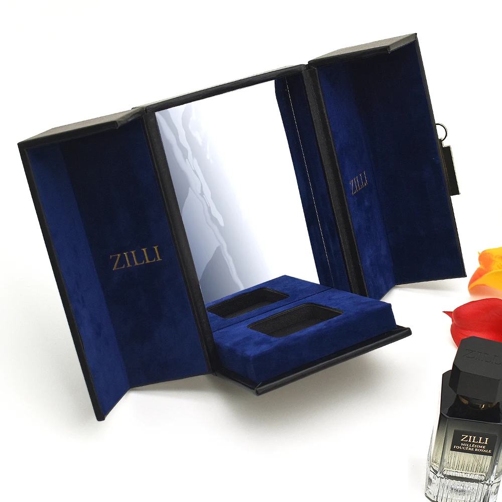 Customized Design Black Double Door Hard Cardboard Paper Empty Perfume Bottle Box Luxury Gift Perfume Packaging Box factory