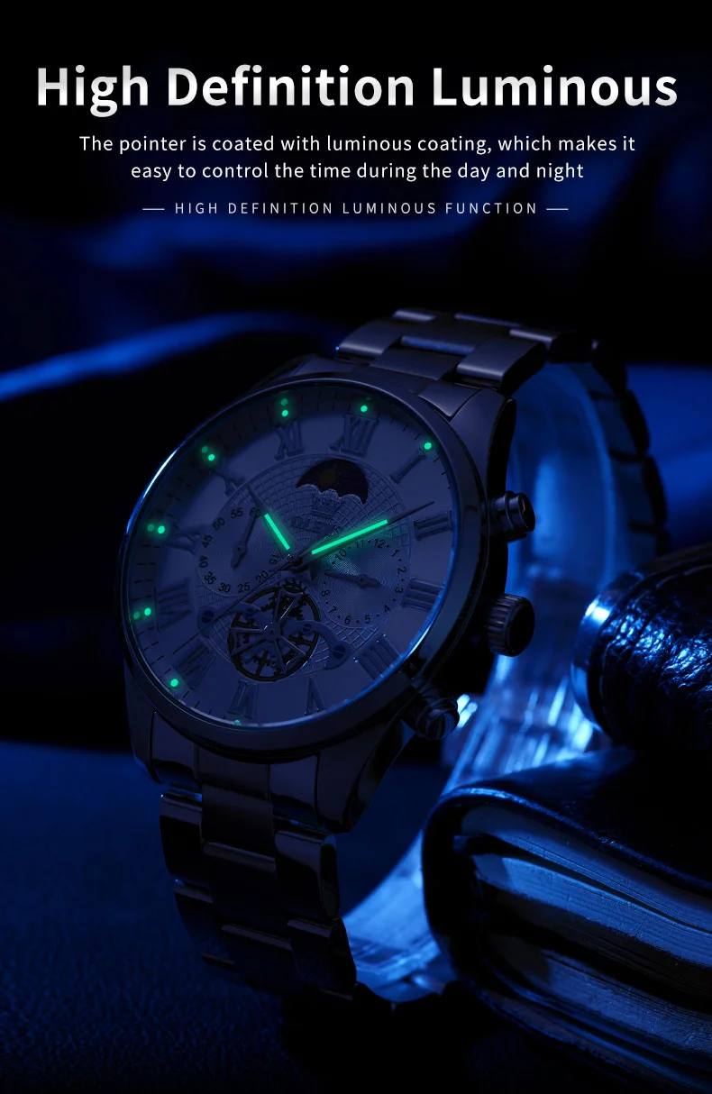 OLEVS 3640 Men's Watches TOP Brand Chronograph Moon Phase Roman Scale Stainless Steel Luminous Hands Waterproof Man Wristwatches