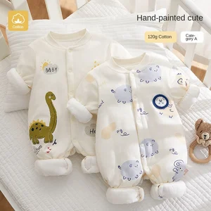 Thickened Winter 120g 100% Cotton Baby Jumpsuit Warm Button Closure Animal Pattern Climbing Clothes
