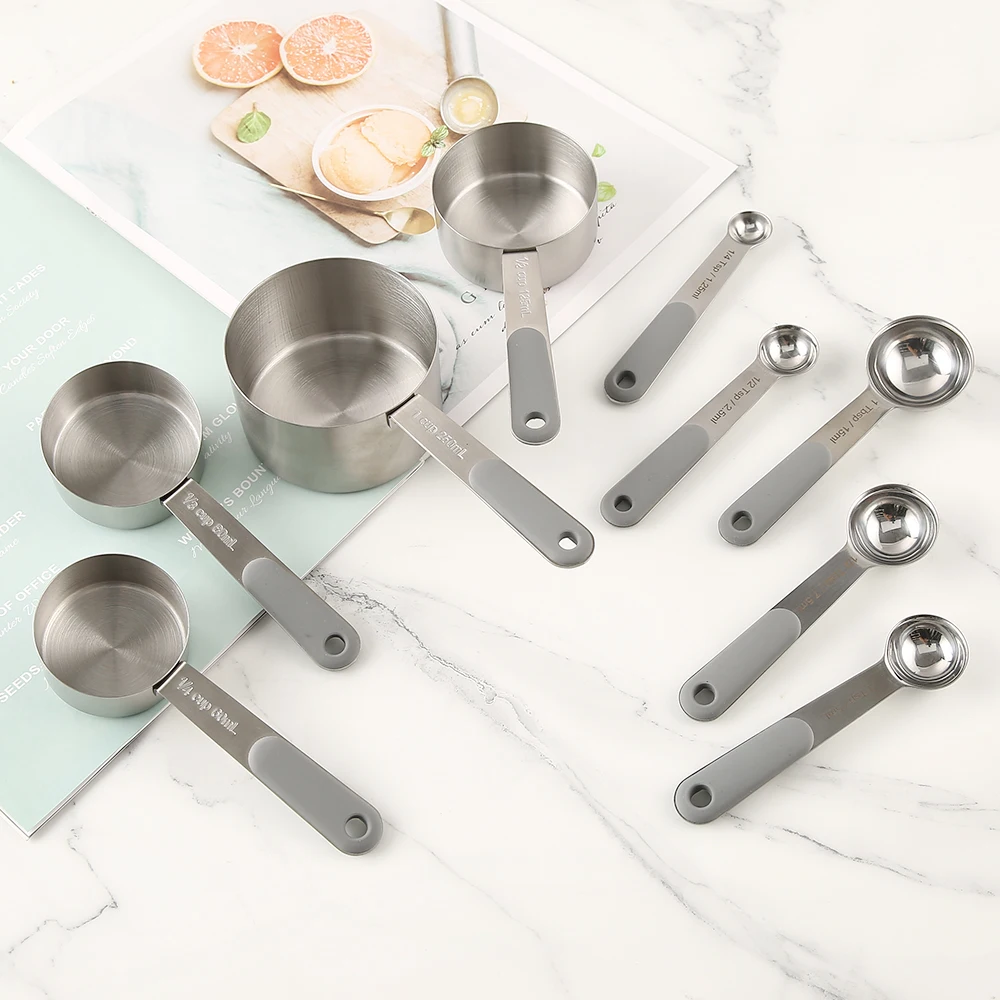 9 Pcs Kitchen Tool Set with Silicone Handles Stainless Steel Measuring Cups and Spoons for Effortless Cooking