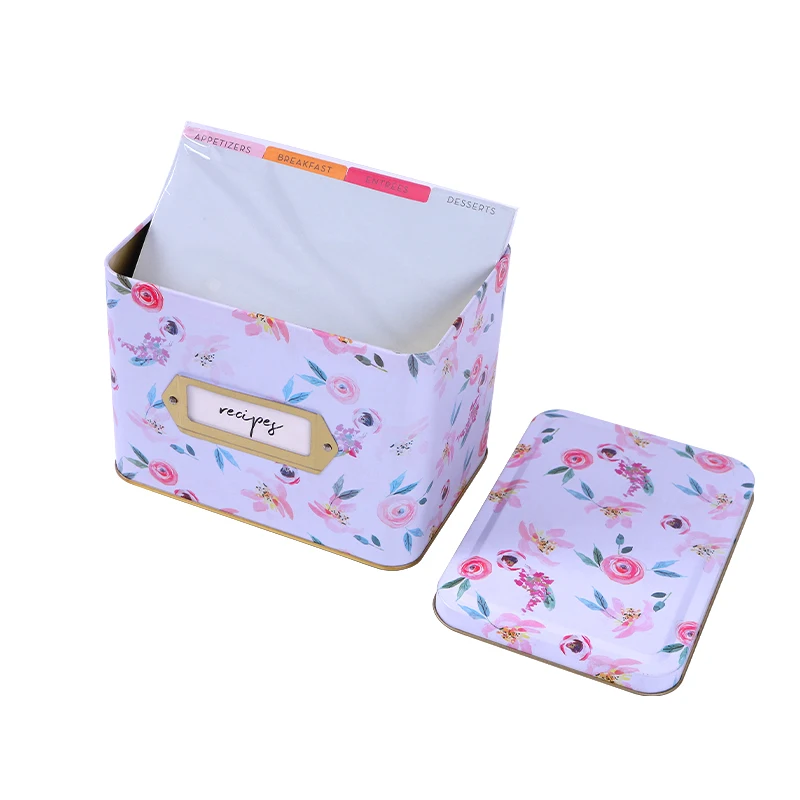 Customized Recipe Tin Box With Hinged Lid And Exquisite Recipe Cards