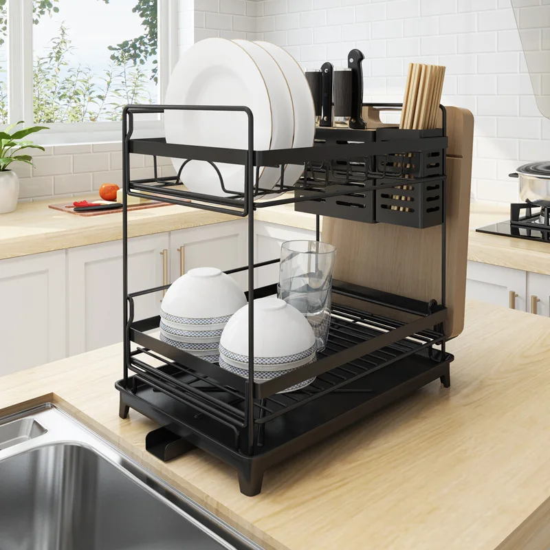 1-3 Tiers Dish Drying Rack Holder Basket Plated Iron Home Washing