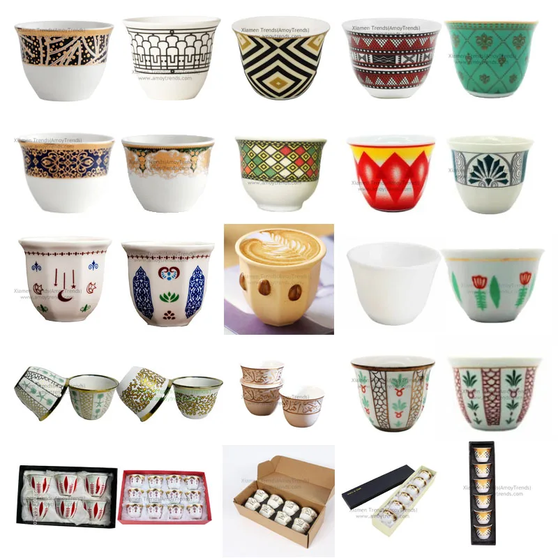Mid Eastern Custom logo Porcelain Small Saudi Ghawa Qahwa Kawa Cawa Cups Arabic Coffee Tea Cups with Gift Box