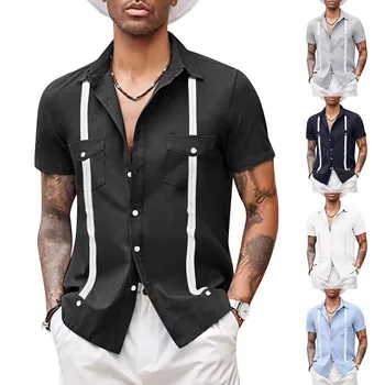 Men's lapel color matching long sleeve cardigan linen loose casual basic tops work vintage shirt