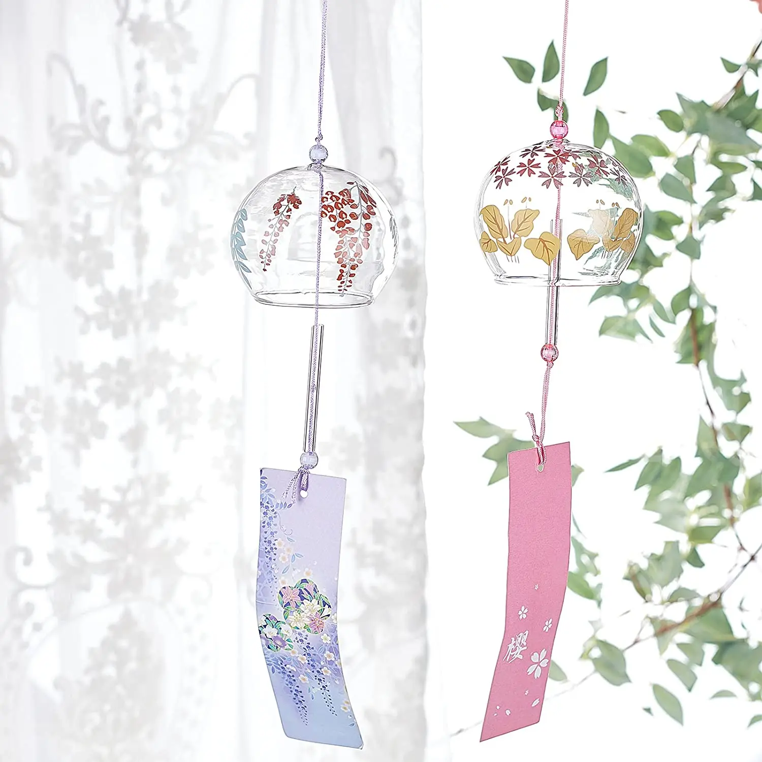 BENECREAT Lot De 3 Carillons Éoliens Japonais Verre - Rose, Bleu, Violet - Décoration Intérieur Extérieur