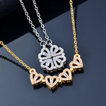 New creative magnetic folding heart-shaped four-leaf clover stainless steel necklace fashion design necklace