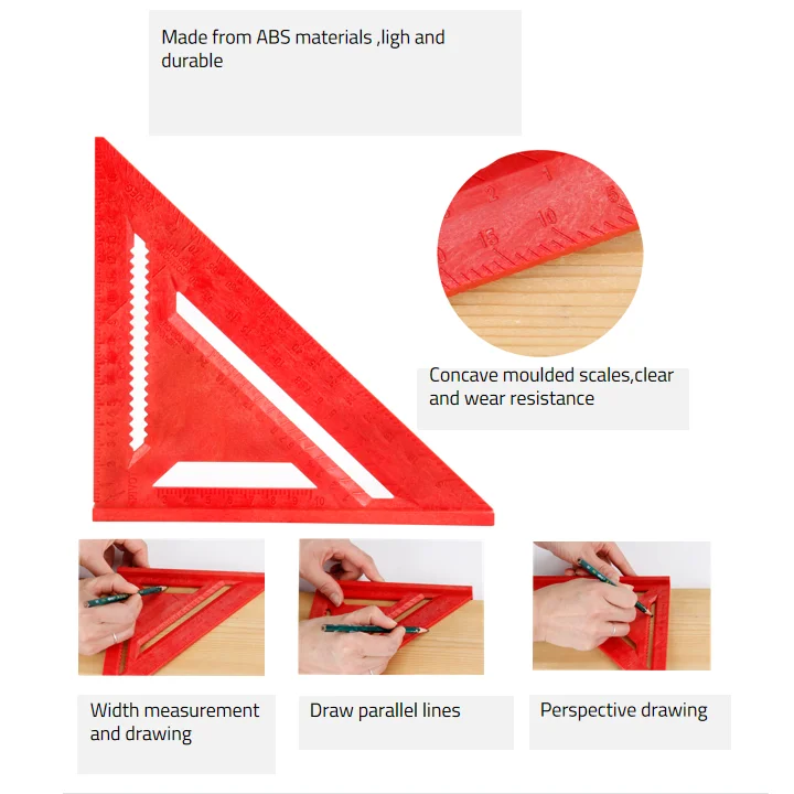 ABS Plastic 90 Degre Ruler for Woodworking - 185mm Red Triangle Scale