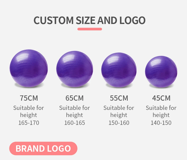 2022 Custom Logo Anti Burst Big Core Pilates Wholesale Exercise Fitness Gym 45cm 55cm 65cm 75cm PVC Yoga Ball