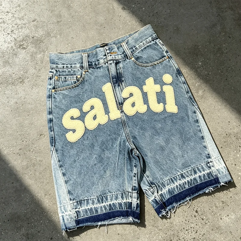 Custom Light Wash Rhinestone Patchwork Casual Baggy Cargo Men Denim Jorts Nylon/Cotton Breathable Summer Streetwear Plus Size gallery 6