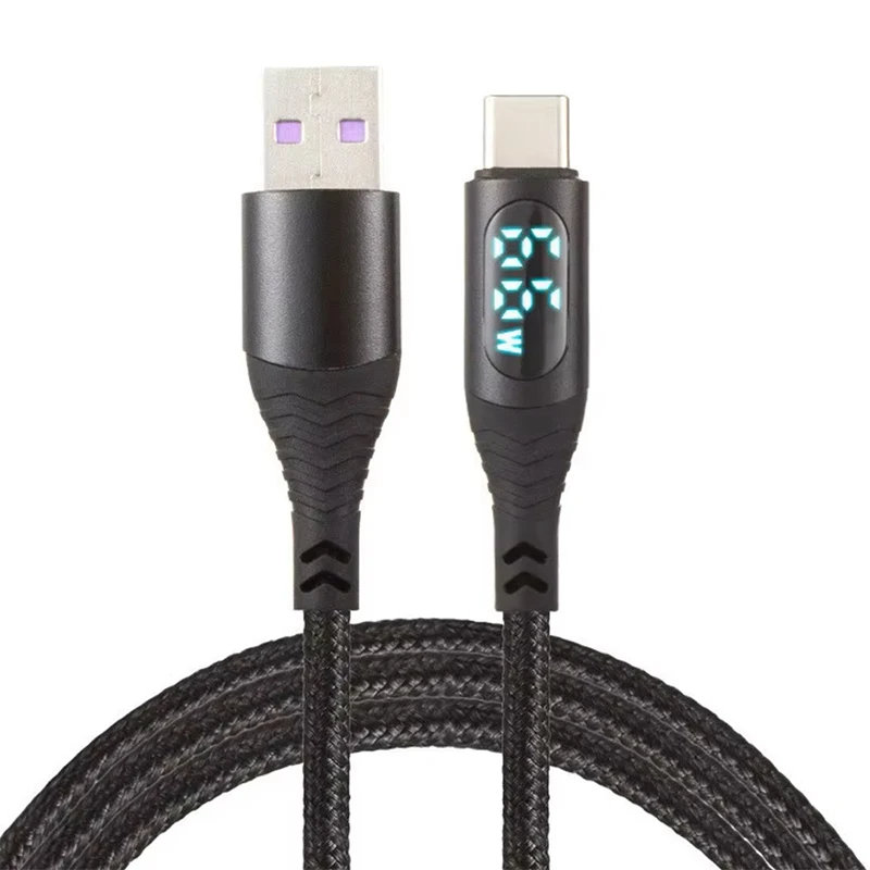 PD 100W 66W Nylon Braided USB-Type C LED Display Charger Data Cable 5A Fast Charging PVC Jacket USB C Phone Fast Charging Cable
