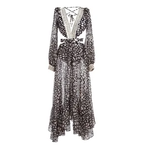 Womens Dresses Spotte Floral Maxi Dress V Neck High Waist Chiffon Beach Summer Party Casual Long Dresses