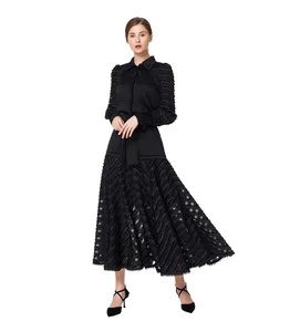 High Quality Custom Women's Gothic Mid-Length A-Line Dress Solid Color Lace Decoration Long Sleeve Striped Flared Midi Dress