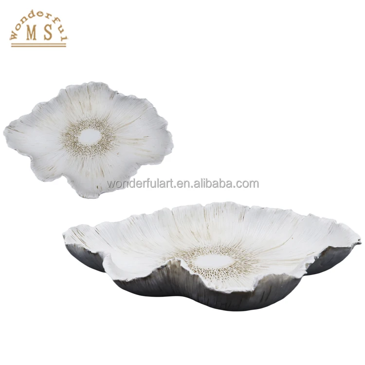Oem Golden Resin Lotus flowers leaves dish Shape Holders 3d tray candy Kitchenware brass poly stone plate Tableware bowls