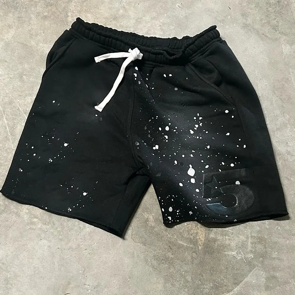 Custom Men Sweat Shorts French Terry Drawstring Heavy Cotton Paint Splatter Fleece Vintage Acid Wash 3D Puff Print Shorts Unisex gallery 5