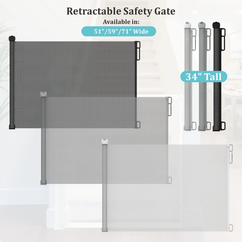 PRObebi Retractable Baby Gate - No Drill Mesh Gate Extends To 55 Inches Wide, 34 Inches Tall