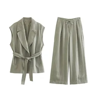 2026 New Hot Sale Summer Women Fashion Clothes Linen Suit Vest Straight Pants Two Piece Set