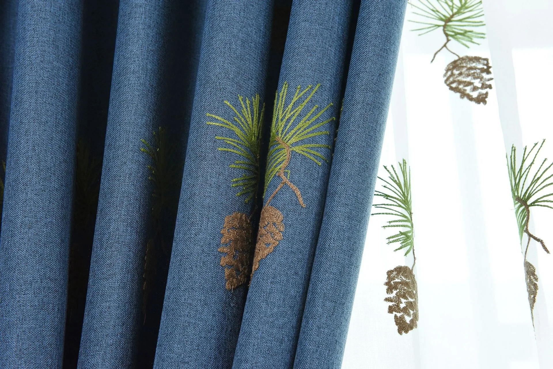 High Quality Embroidered Curtain Polyester Linen Pine Cones Embroidered Decorative Curtains for the Living Room