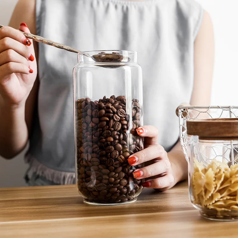 Coffee Bean Pasta Penne Storage Glass Canister Set Hermetic Glass Jars Container with Wooden Lids