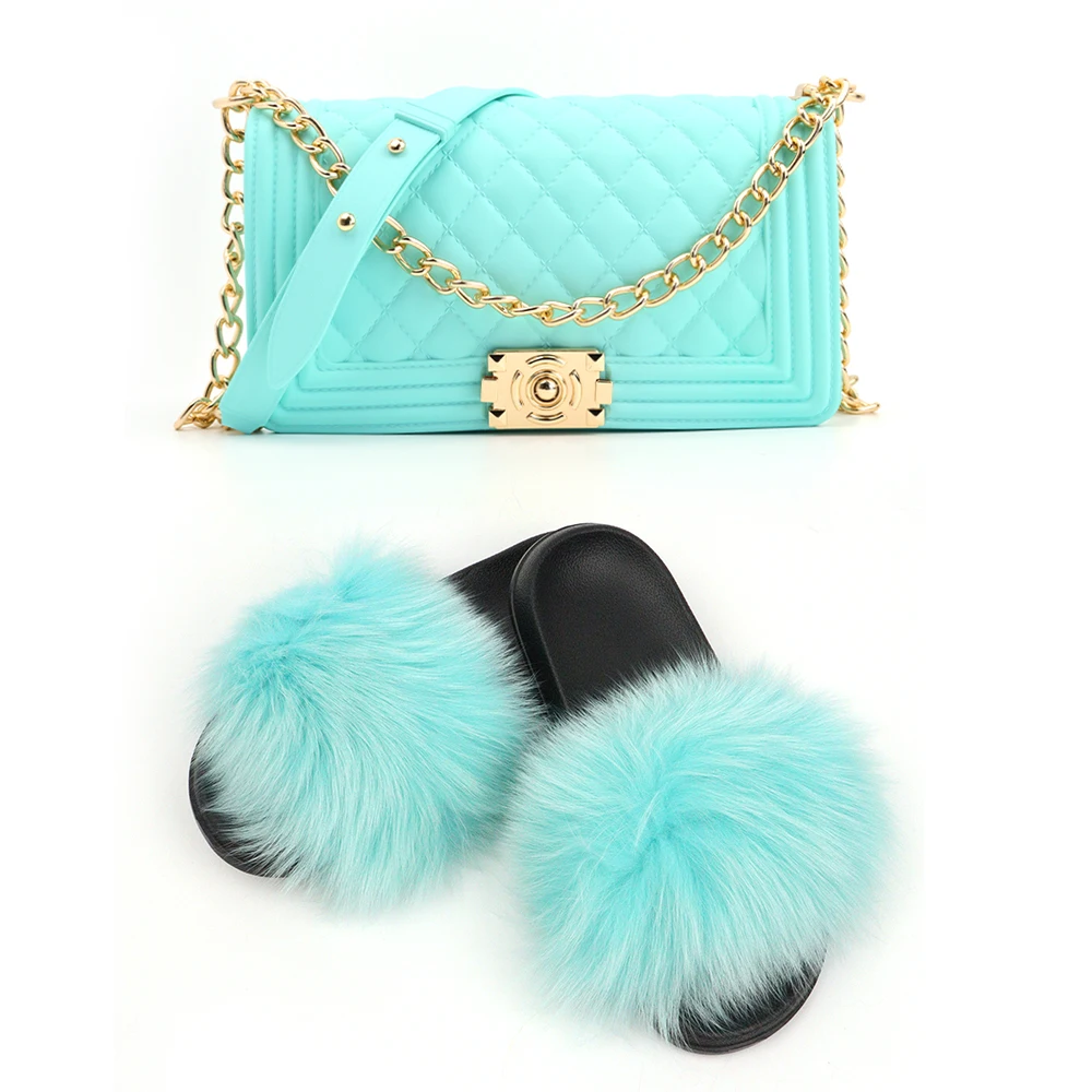 Fur slides discount and purse sets