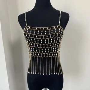 XR-135 Women's Alloy Body Chain Gold Plated Tassel Pearl Trendy Sexy Jewelry with Claw Setting for Parties or Gifts