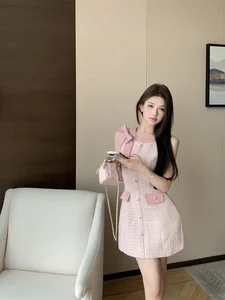 Women's Summer French Casual Bow Dress with Front Logo Elegant Pink