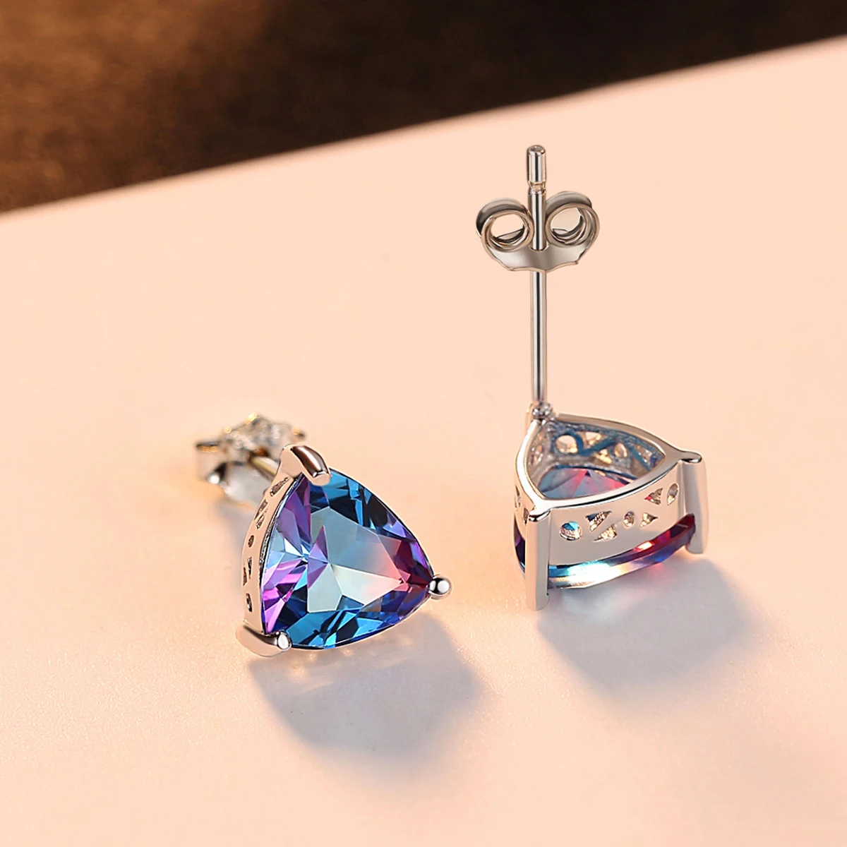 CZCITY Triangle Genuine Rainbow Fire Mystic Topaz Real 925 Sterling Silver Women Stud Earrings