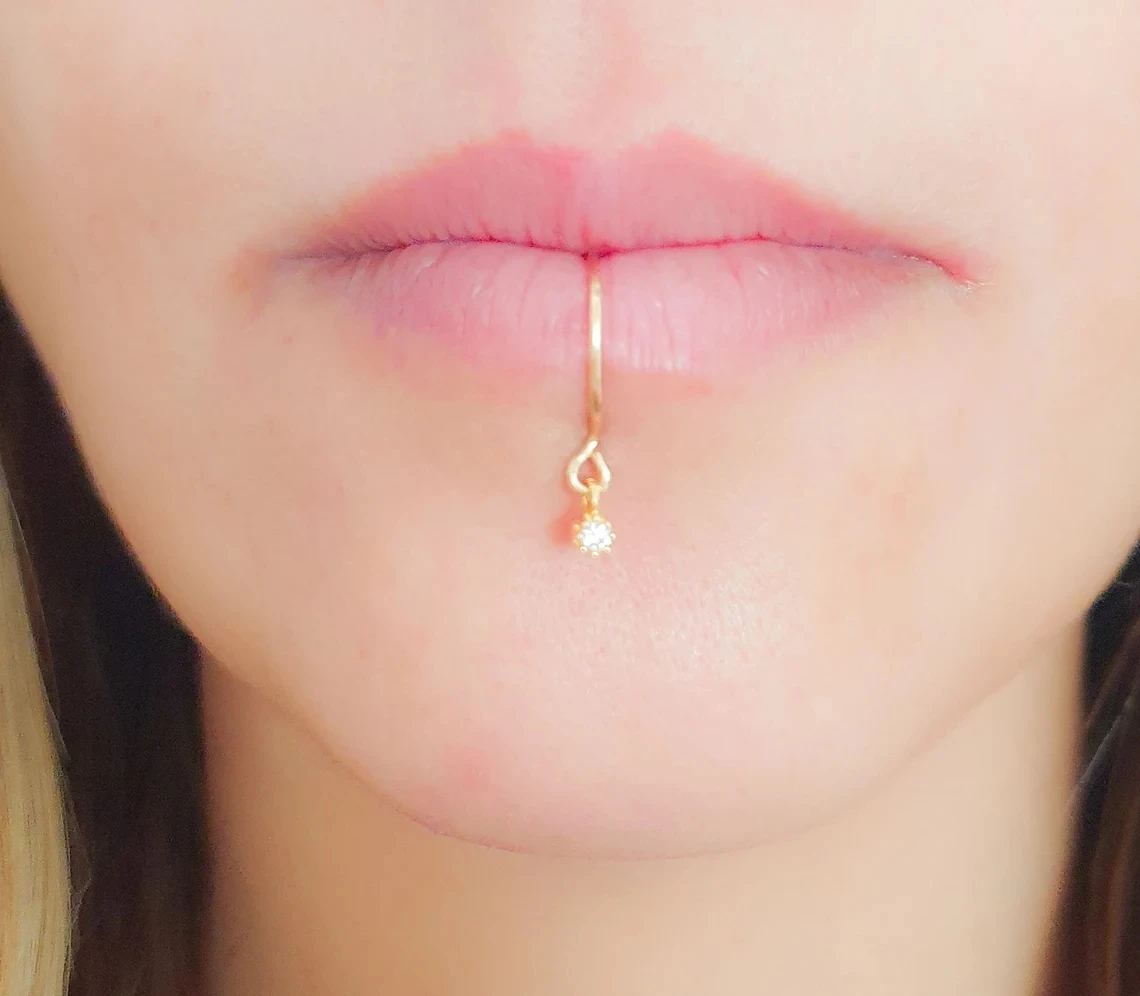 Lip Ring 18K YellowGold Over Lip Clip on Cuff No Piercing Required Fake Lip Ring 
