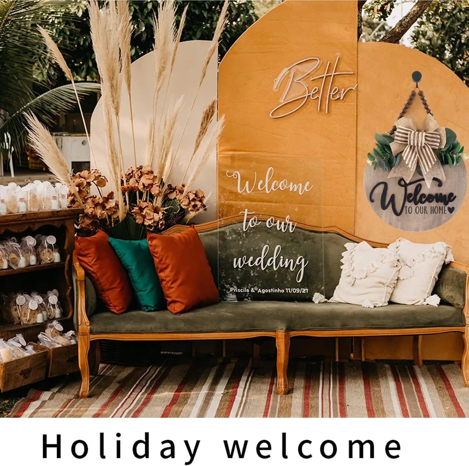 3D Welcome Sign for Front Door | Home Farmhouse Porch Decor Wooden Hanging Sign with Artificial Leaves and Rustic Beads