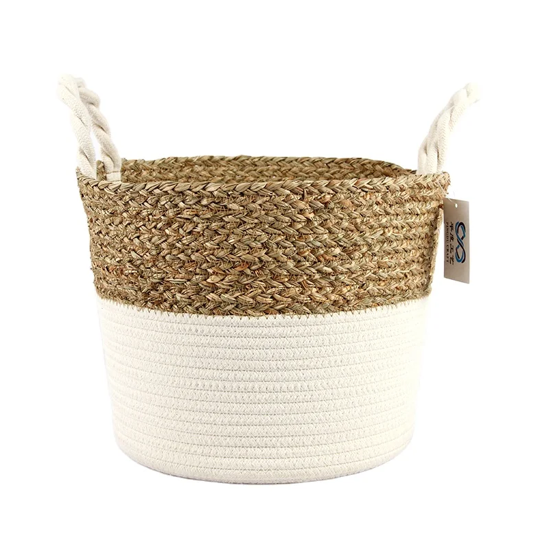 Оптовая продажа, Соломенная Корзина, плетеная корзина из натурального ротанга ручной работы для хранения, корзина из морских водорослей с ручкой