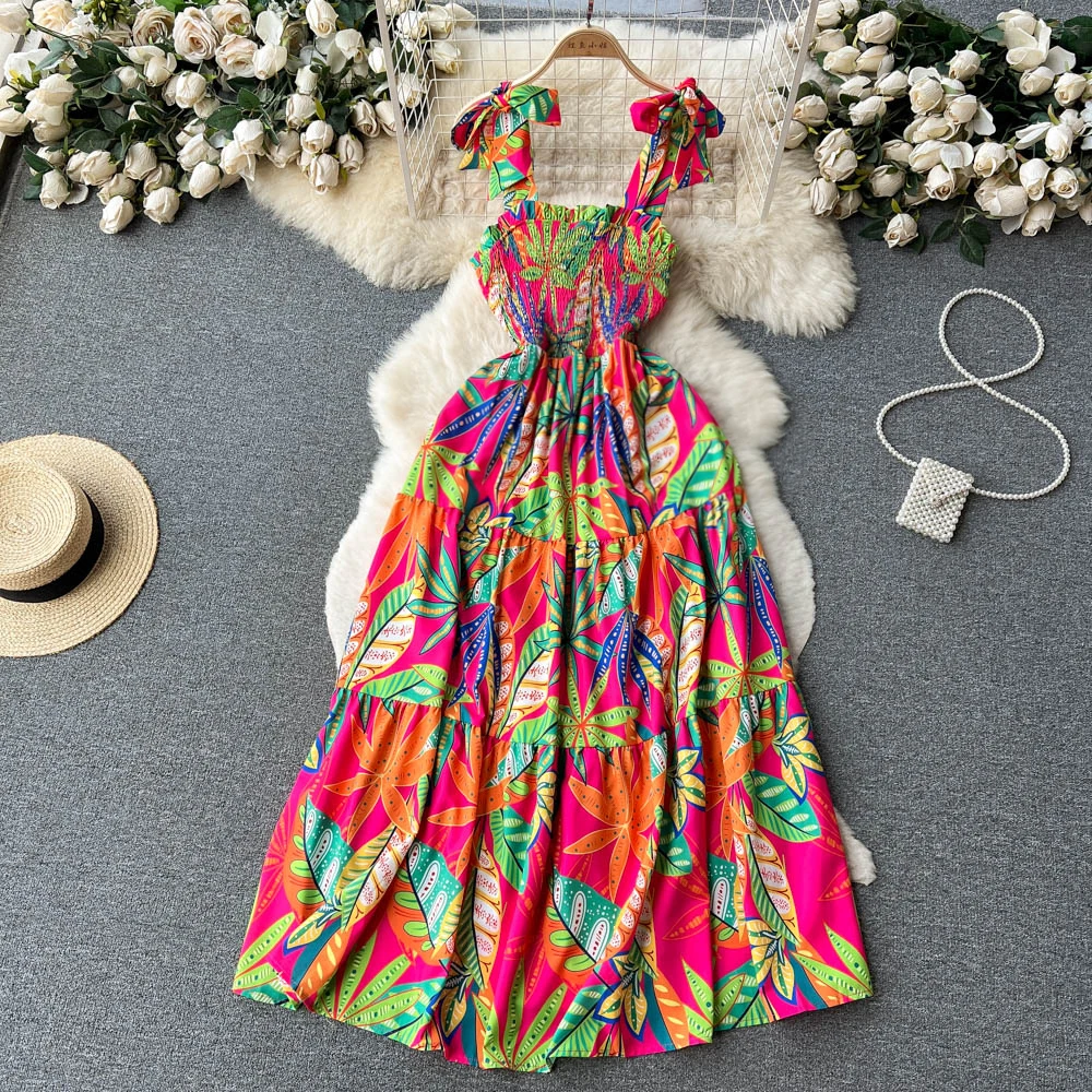TW644 Boho Ruffle Vintage Floral Print Summer Midi Long Dress Party Women  Casual Strap Beach Holiday