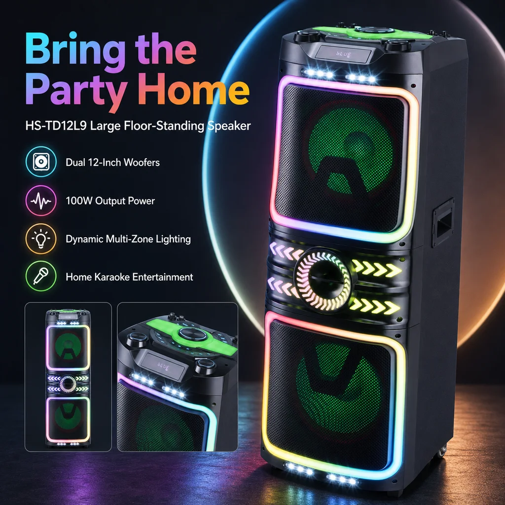 HANSUO HS-TD12L9 100W Dual 8 Inch Floor Standing Karaoke Party Speaker with 7Ah Battery RGB Lights USB FM and Recording Function