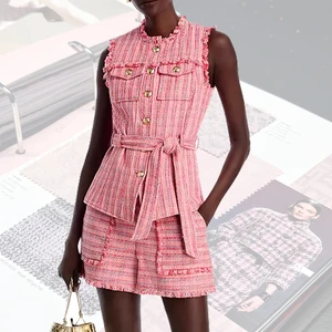 Women Sweet Pink Tweed Knitted Vest and Shorts Set Luxury Two Piece Skirt Sets with Belt Fashion Outfits