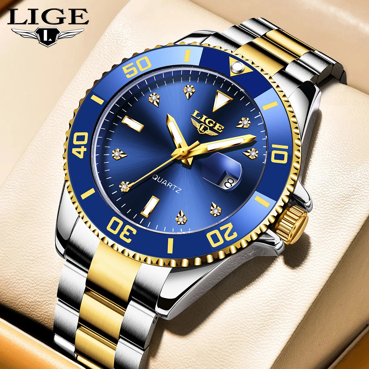 LIGE LIGE 青 クロノグラフ 腕時計 メンズ時計 シルバー ブルー クロノ 