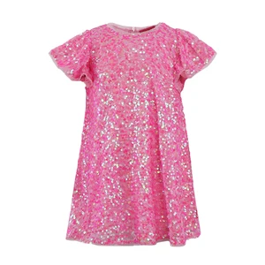 Adorable Pink Sequin Girls Dress with O-Neck Collar Customizable Knee-Length Summer Print ODM Children Clothing