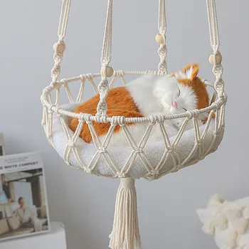 Solid Pattern Linen Cat Swing Bed Hanging Woven Rope Hammock Cradle for Indoor Pets Comfortable Wood Bed for Dogs