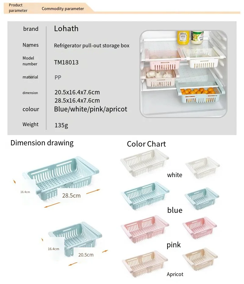 Refrigerator retractable storage basket drawer storage shelf crisper freezer box details