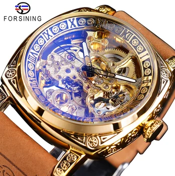 Forsining Luxury Automatic Mechanical Self Wind Transparent Fashion Genuine Leather Band Waterproof Watch