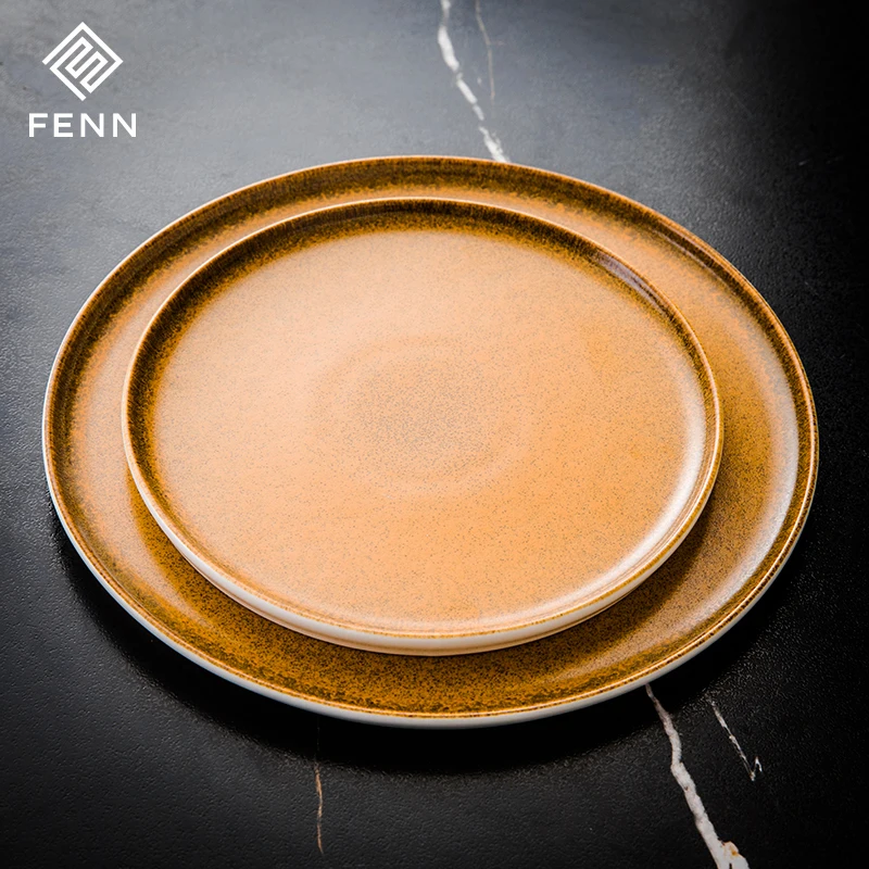 FENN Rustic Unique Reactive Golden Restaurant Dinner Plates High Straight Edge Round Steak Plate Hotel Used Ceramic Plate Set