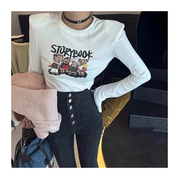 Large women's clothing factory wholesale customization of high-quality women's spring and autumn round neck cartoon T-shirts