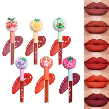 New Arrivals Accessories Makeup Fruit Plush Head Matte Lip Glaze Vegan Non-stick Cup Velvet Long-lasting Lipstick Wholesale