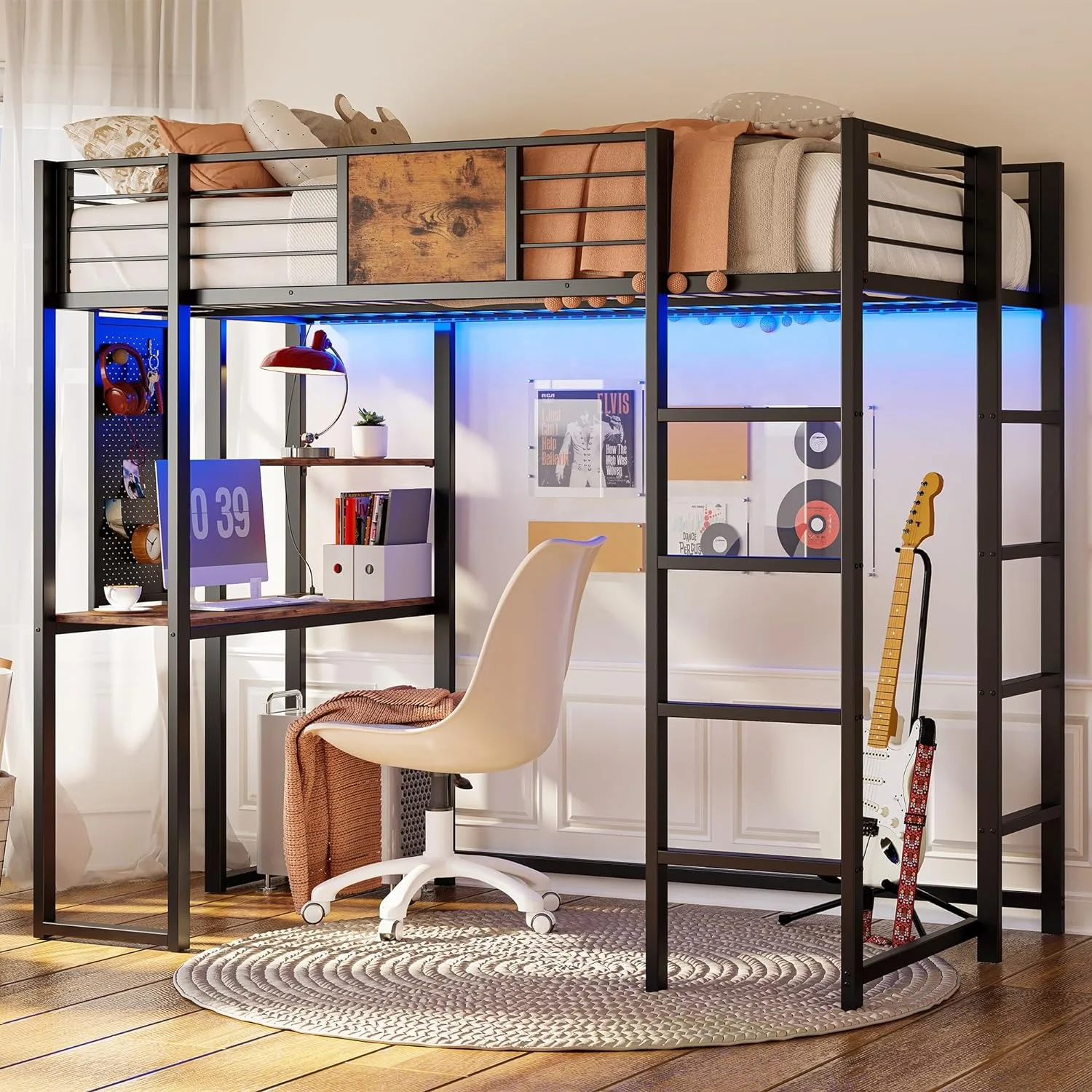 Factory Wholesale Metal Loft Bed Double Bed with Desk and Shelf 2 Built-in Ladders Power Outlets & LED Lights for Hotel Use