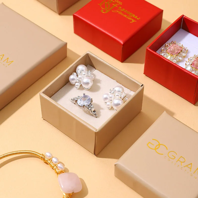 Wholesale  Red Lid Kraft Lid Jewelry Box Set Kraft Paper Bag Custom Logo Packaging for Ring Earring Necklace manufacture
