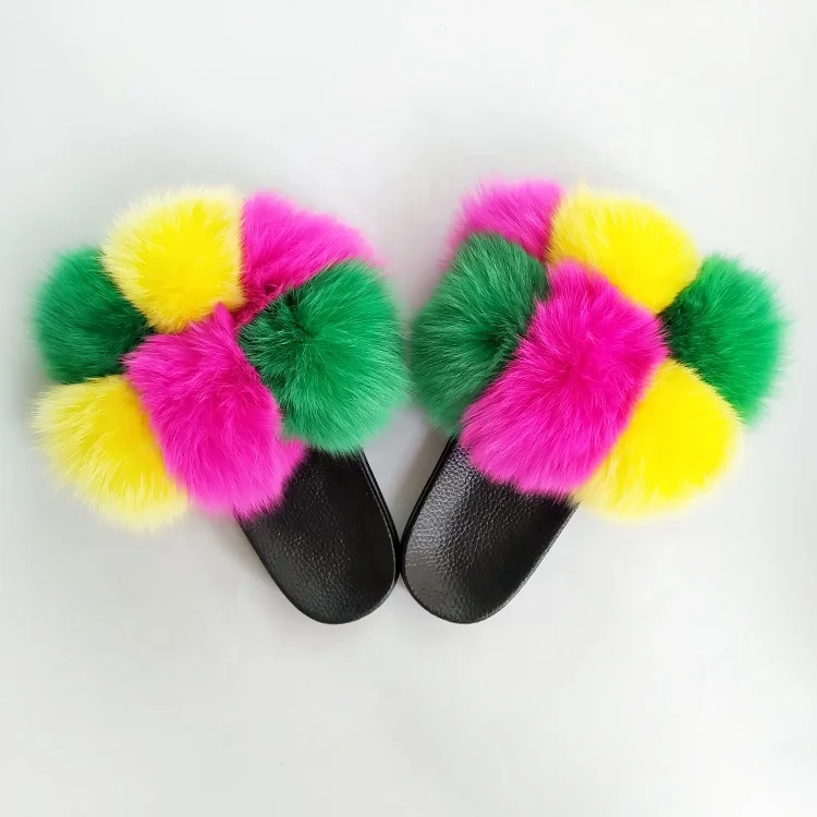 Wholesale Furry Slippers Ladies Cute Plush Real Fox Hair Sandal Shoes with  Fur Pom Pom Fluffy Women's Fur Slippers
