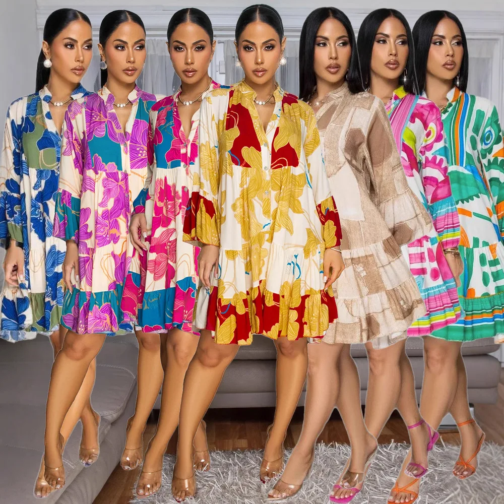 Plus Size 3XL Knee-Length Floral Dresses for Women Casual Fall V Neck Long Sleeve Fit and Flare Trendy Elegant Flare Dress