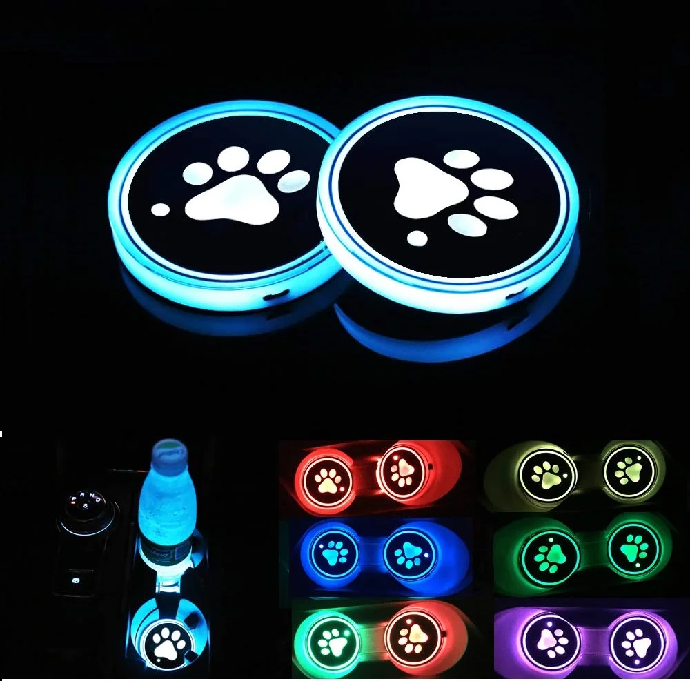 Car Cup Holder Mats Pads Dog Paw RGB LED Lights Car Drink Coaster Atmosphere Light 