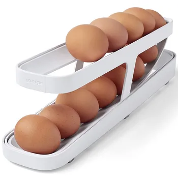 Refrigerator egg rolling storage box. 2-layer egg stackable refrigerator dispenser container. Egg storage box.