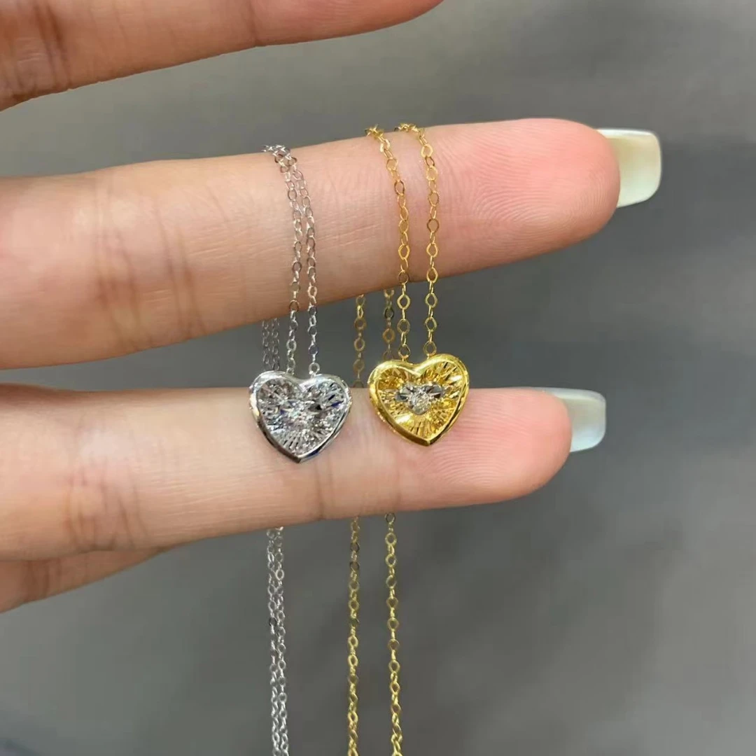 NINE'S Dancing Diamond Heart 18K Gold Heart Shape Pendant Necklace Illusion  Setting Moving Stone for Women