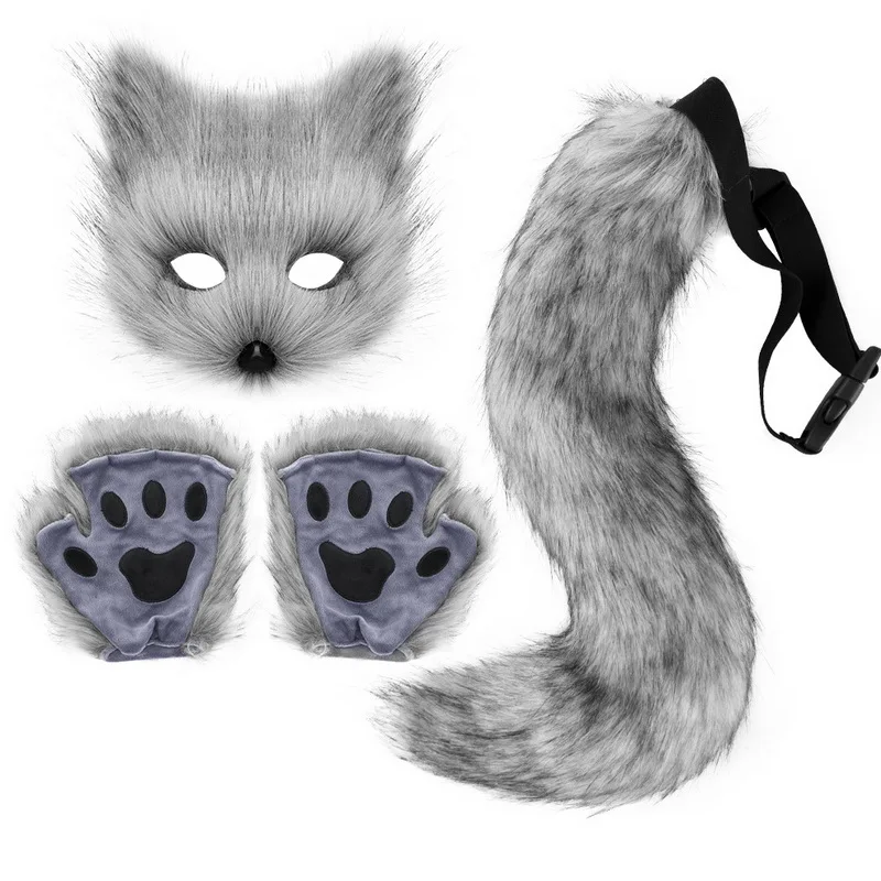 Fox Kostüm Set - Flauschige Fuchsmaske Mit Pfoten & Schwanz Für Halloween & Cosplay
