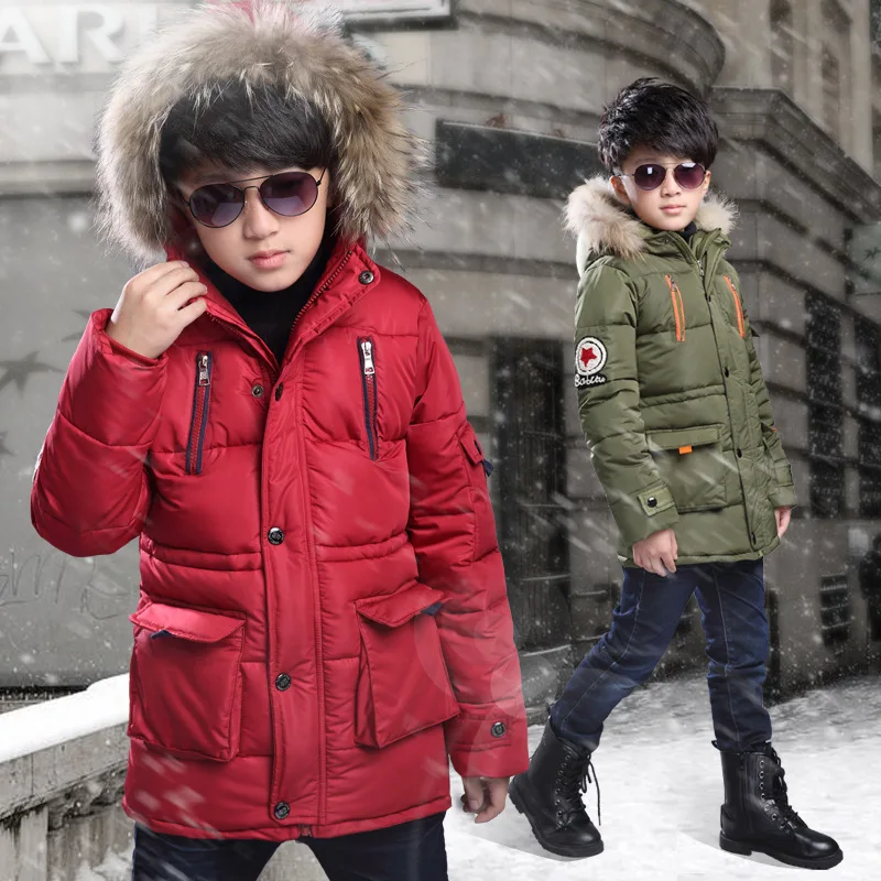 Boys Bubble Winter Long Coat Hooded Fur Collar Wholesale