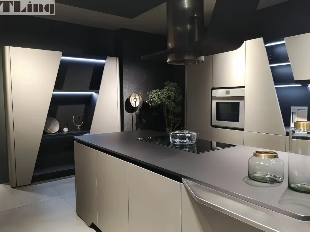 Proece Miami American Style Curved Kitchen Cabinet Stylish Design with Illuminated Island MDF Carcase Lacquer Surface Door Panel